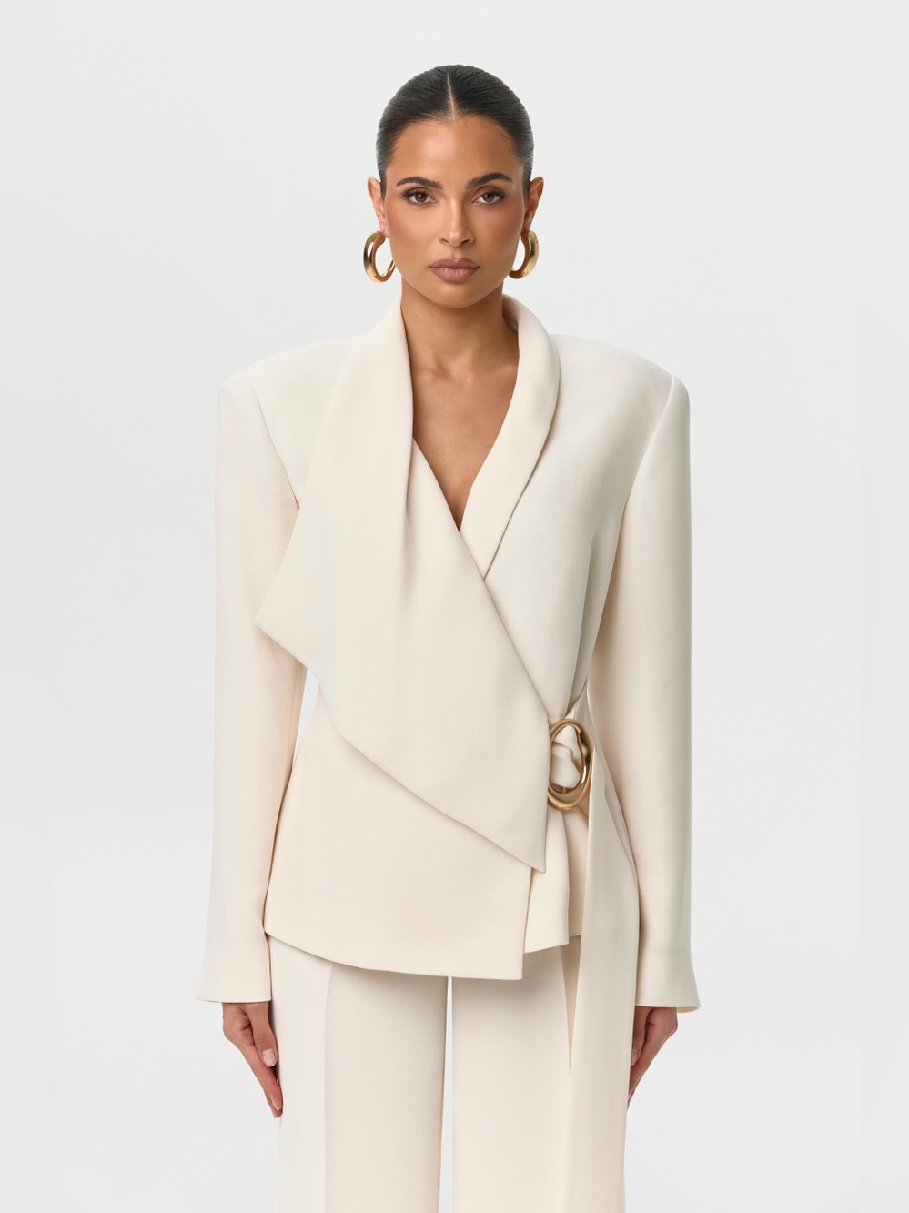 NWT Naked Wardrobe Suiting Asymmetric Wrap Belted Blazer Ivory Cream XL